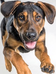 Fototapeta premium Playful Dog Enjoys Life in Motion With Joyful Energy Against a Clean Background in Natural Daylight