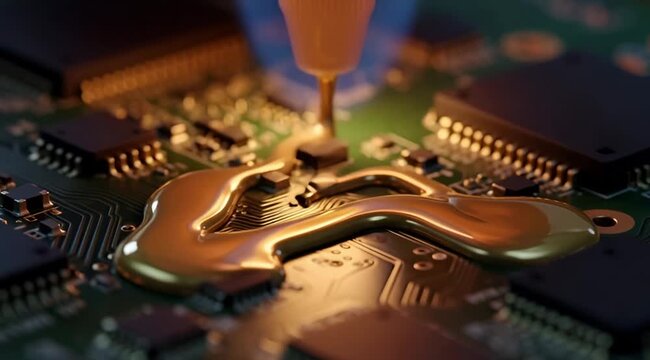 Liquid thermal compound being applied to electronic circuit board components