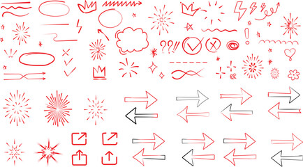Collection of hand drawn doodle elements including arrows stars sparkles and various abstract decorative icons for design