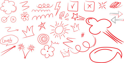 Collection of hand drawn doodle elements featuring arrows stars clouds checks and decorative scribbles in bright red ink