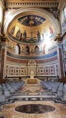 Rome, Italy &ndash; 14 January 2025. Inside San Giovanni in Laterano, a golden apse mosaic of Christ and saints rises above a papal throne and gold altar, with patterned marble flooring and rows of chairs