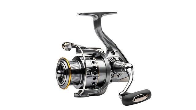Metallic Fishing Reel with Black Handle and Gold Accents on White Background