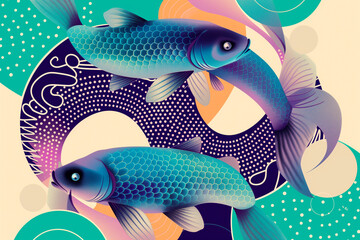 Pisces Zodiac Pop Art Background with Colorful Bull Symbol
