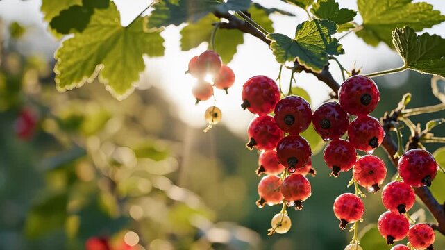 A vibrant cluster of red currants hangs from a branch, illuminated by soft daylight. The bright red currants and green leaves create a fresh and inviting scene in nature.