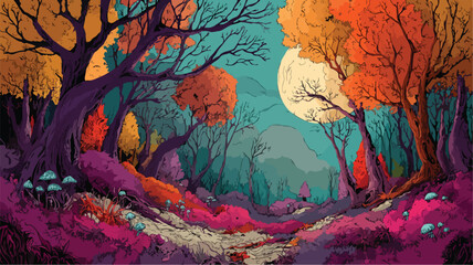 Enchanting Mysterious Autumn Forest with Vibrant Colors and Shadows