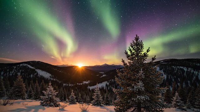 The sun sets behind snow-covered mountains, illuminating the sky with vibrant hues as the aurora borealis dances above. The trees in the foreground stand tall, framing this stunning winter scene.