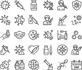 Collection of black line icons depicting COVID-19 pandemic and vaccination