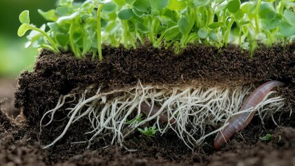 View of vibrant healthy soil in a visible cross-section, featuring young green plants, a network of white roots, and active earthworms cultivating the rich substrate, portraying essential natural life