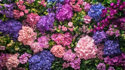 Fototapeta premium Lush floral tapestry featuring hydrangeas and various flowers, vibrant colors enhance depth and texture
