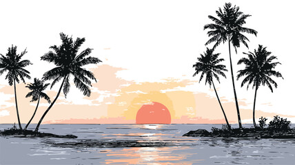 Tropical Sunset Beach with Palm Trees and Vector Illustration of Sunset