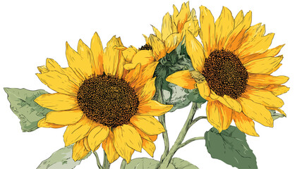 Sunflowers on White Background with Outline Vector Isolated