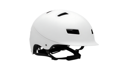 White Bicycle Helmet with Ventilation Openings and Adjustable Strap on White Background