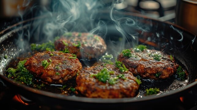 Four juicy burger patties garnished with chopped herbs are frying in a cast-iron skillet, with steam and smoke rising from the pan, indicating they are hot and freshly cooked, likely creating an