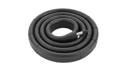 Coiled Black Flexible Hose with Metal Fitting on White Background