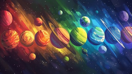 This is an artistic illustration featuring a colorful array of planets, each with distinct patterns and hues, set against a multi-colored backdrop of space that blends vibrant shades of red, green,