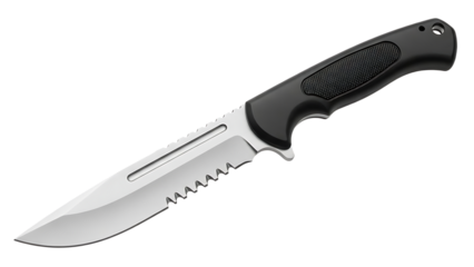 Stainless Steel Survival Knife with Black Handle and Serrated Edge in White Background
