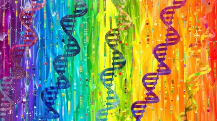 This is a bright and colorful digital illustration showing multiple DNA helices overlaying a vibrant background that transitions across the spectrum of rainbow colors from red to violet. The DNA