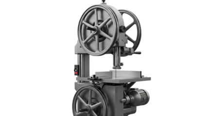 Industrial Vertical Band Saw Machine in Gray with Large Wheels and Motor