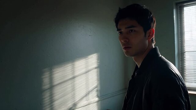 Worried Asian man looks around in suspenseful room with dramatic window light.