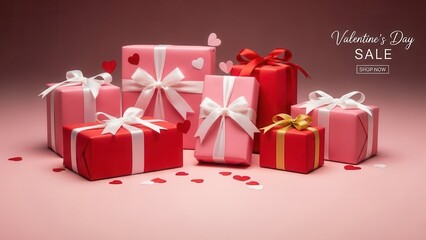 Obraz premium Valentine day sale banner with pink and red gift boxes and heart decorations