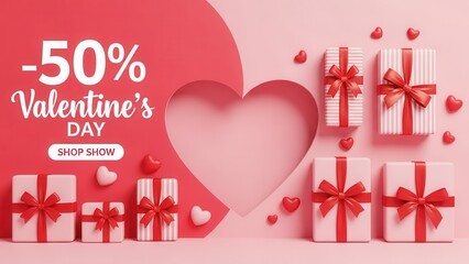 Valentine day sale promotion with gift boxes and heart shape background