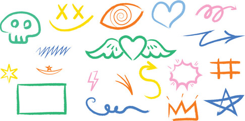 Colorful doodle icons set including silhouette