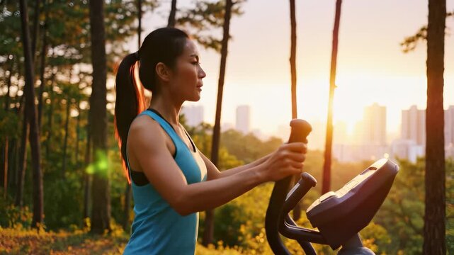 A woman on an elliptical machine exercises and enjoys the sunset in a forest setting. The vibrant colors of the sunset enhance the scene's tranquil atmosphere and physical activity.