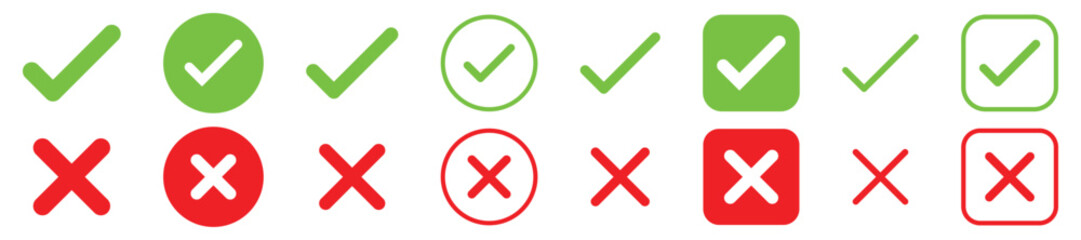 Green check mark and red cross mark icon set. Checkmark and x mark icon for apps and websites. checklist signs, approval badge.