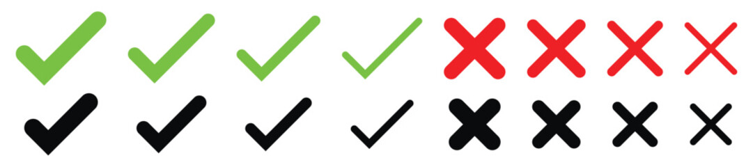 Green check mark and red cross mark icon set. Checkmark and x mark icon for apps and websites. checklist signs, approval badge.