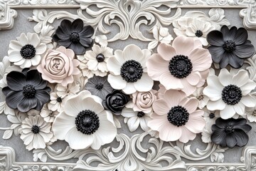 Three dimensional floral arrangement sculptured into an ornate architectural frame