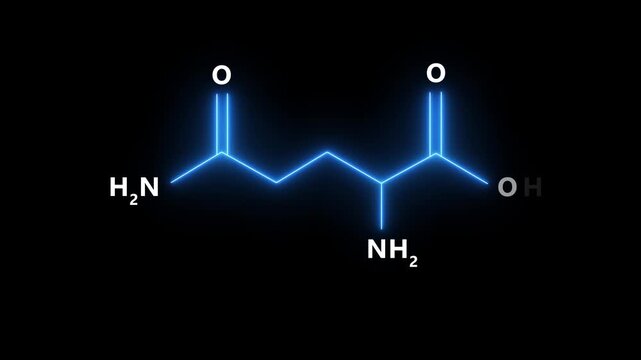 Glutamine Molecular Structure Displayed and Motion graphics of neon line animation on a black background. 4k