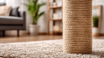 Explore a Stylish Cat Scratching Post in a Modern Home Setting With Blurred Interior Elements and Minimalistic Design for an Elegant Touch
