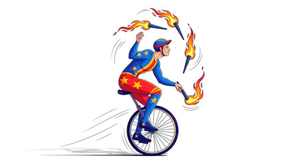 Fototapeta premium A cartoon performer rides a unicycle while juggling flaming torches with skill and precision.
