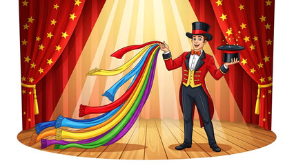 A cartoon magician performing on a stage with colorful ribbons and a top hat