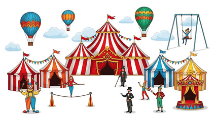 Obraz premium A vibrant illustration of a lively circus scene with colorful tents and performers
