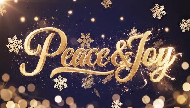 Elegant golden script 'Peace & Joy' sparkles against a festive, bokeh-filled night sky with snowflakes.
