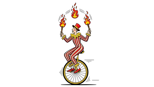 A cartoon performer rides a unicycle while juggling flaming torches with skill and precision.