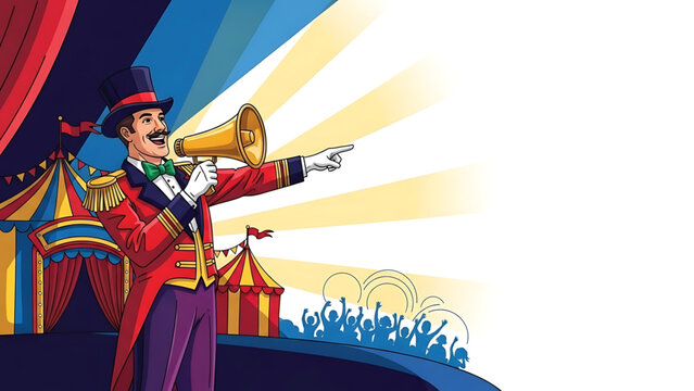 A cartoon ringmaster in a red coat holds a megaphone on a colorful circus stage