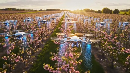 Drones in blooming orchard, smart farming, agricultural technology, future of agriculture