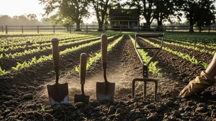 A farmer's tools rest in a freshly tilled field at sunset, awaiting the next day's work.