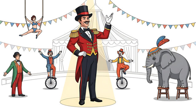 A colorful illustration of a circus ringmaster and performers in a vibrant circus setting
