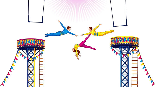 Three acrobats jumping between two colorful towers with flags and a bright sun in the background