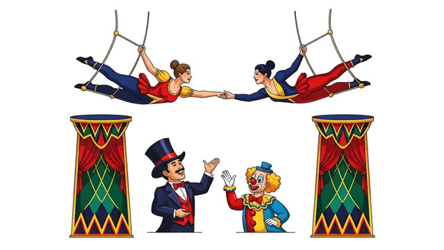 A colorful illustration of a circus scene with acrobats and a ringmaster