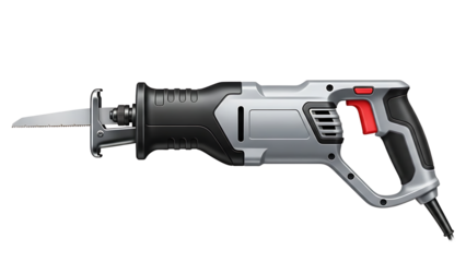 Electric Reciprocating Saw with Black and Gray Body and Red Trigger for Construction and Demolition