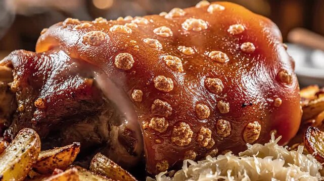 Roasted pork knuckle dish with potatoes and sauerkraut closeup