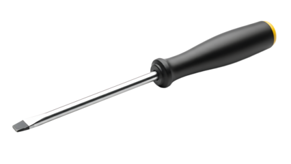 Flathead Screwdriver with Black Handle and Metal Shaft on White Background