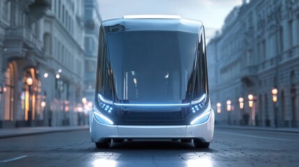 Front view of a modern electric autonomous bus with LED headlights