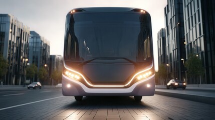 Front view of a modern electric autonomous bus with LED headlights, sleek futuristic design, urban city streets in daylight, reflective surfaces, high realism, vibrant colors, cinematic lighting