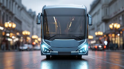 Front view of a modern electric autonomous bus with LED headlights, sleek futuristic design, urban city streets in daylight, reflective surfaces, high realism, vibrant colors