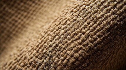 Macro close-up of natural linen fabric showing detailed woven texture and organic textile fibers, warm natural lighting, ultra-realistic textile details, soft shadows highlighting fibers